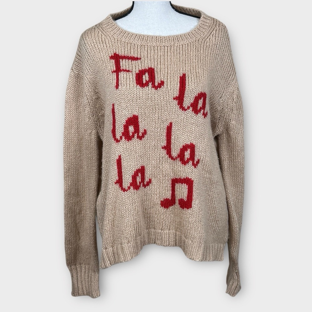 Wooden Ships Fa la La Christmas Knit Sweater Acrylic Mohair Wool Blend Size S/M